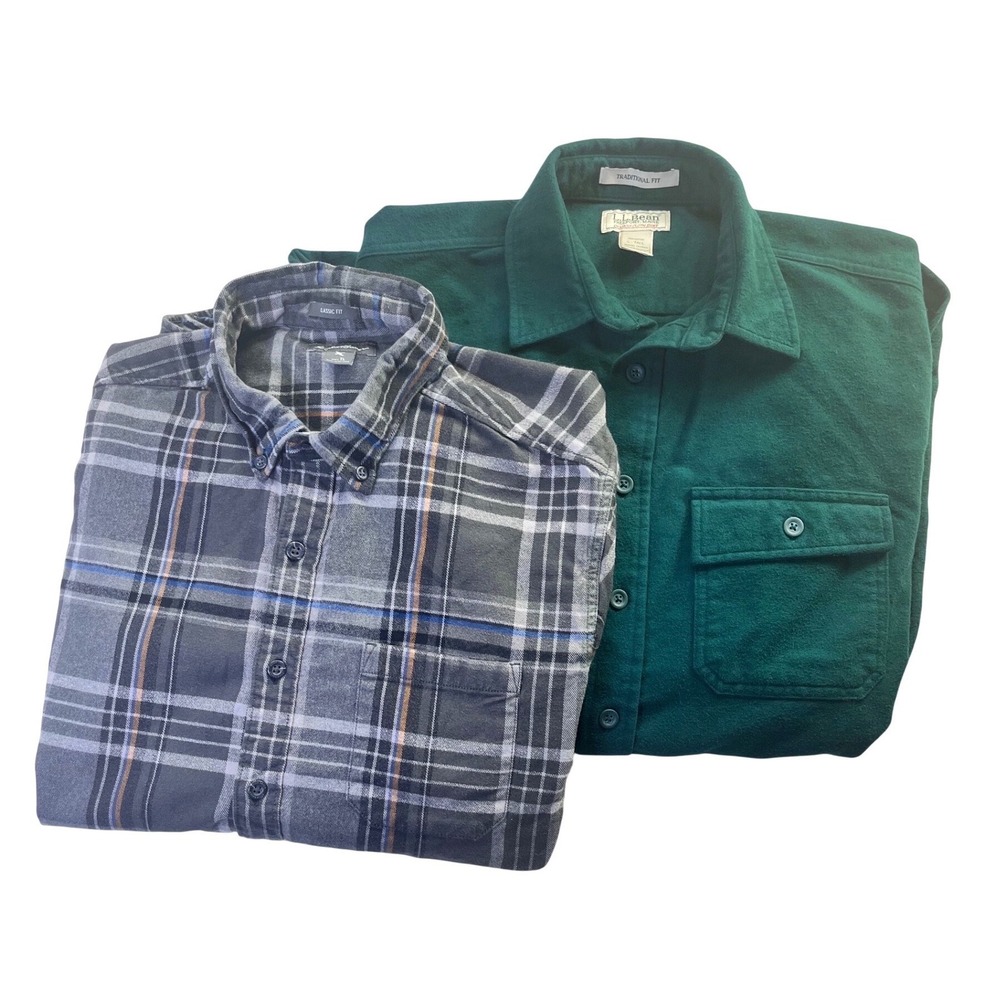 LL Bean, Eddie Bauer‎ Cotton Chamois Flannel L TALL Green Grey Cabincore Staple